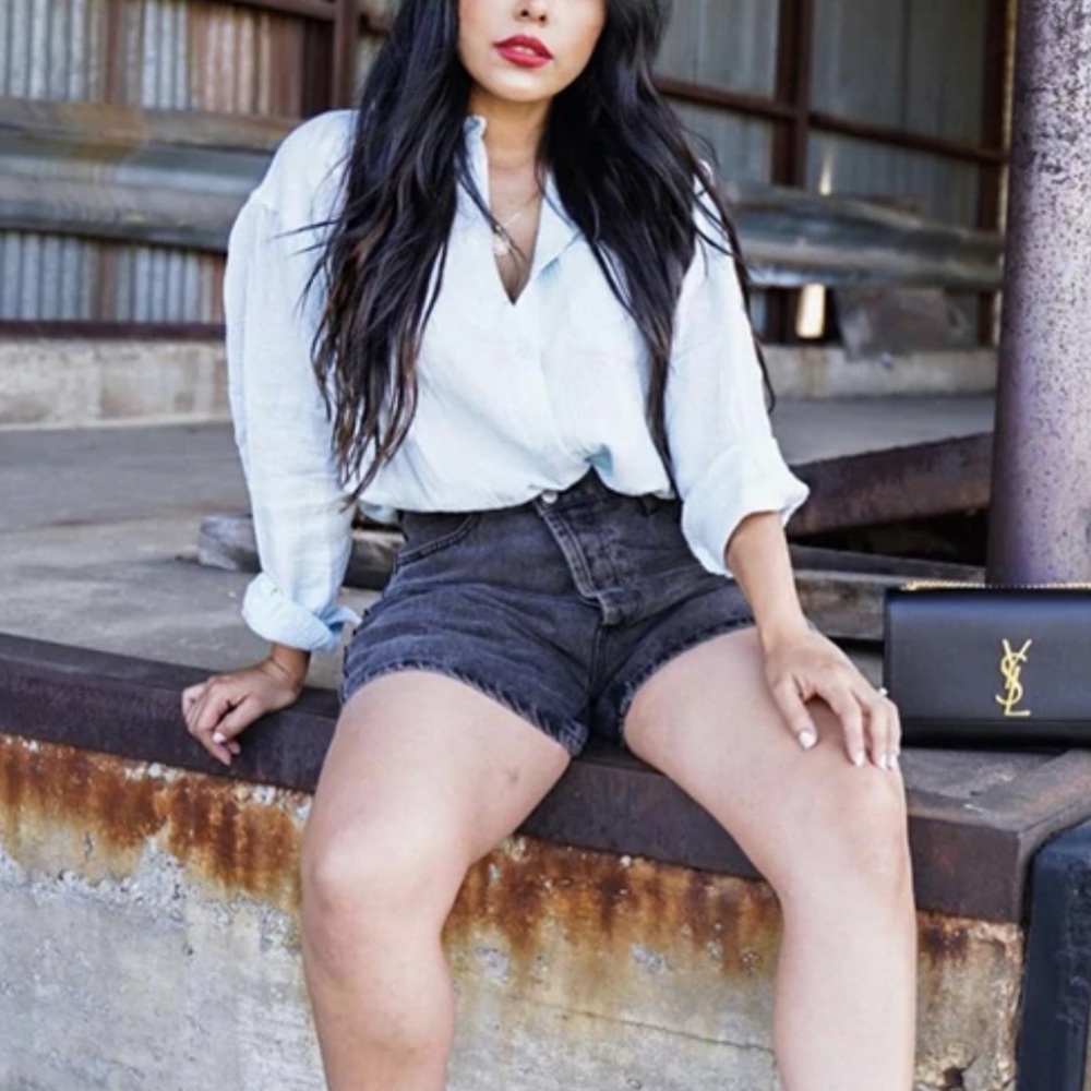 Miss Lola Asymmetrical Black Faded Bermuda Denim Shorts